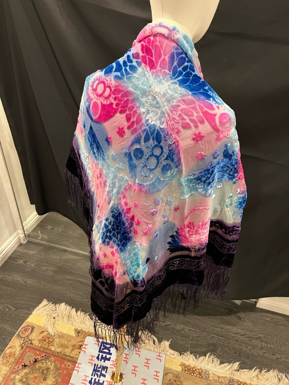 Vibrant Pink & Blue Floral Velvet Shawl
